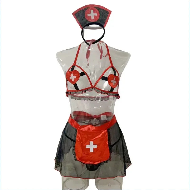 Toucheart Sexy See-through Nurse Uniform Cosplay Sexy Hollow Out Underwear Suit for Womem Mesh See-through Sexy Lingerie Set New