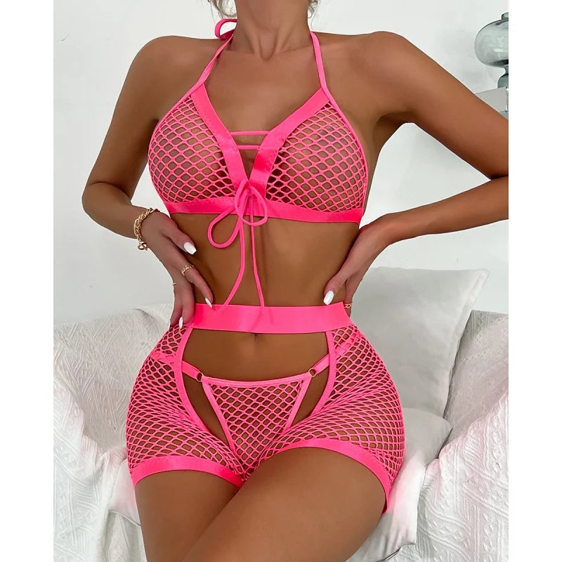 Bikini Fashion Sexy Lingerie Mesh See-through Sexy Soft Women's Three-Piece Suit
