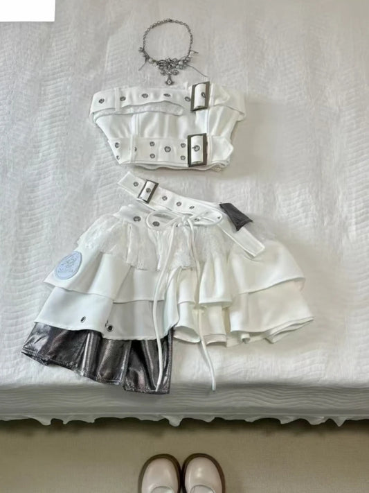 2025 ASHBURN™ Gothic Sweetheart Mini Set – Strapless Dress + Slim Zipper Pant Combo (2-Piece Look)