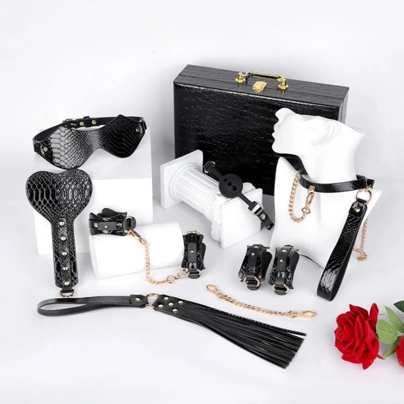 Genuine Leather BDSM Bondage Set - High Quality Fetish Handcuffs, Collar, Gag & Whip for Women, Couples Adult Erotic Sex Toys