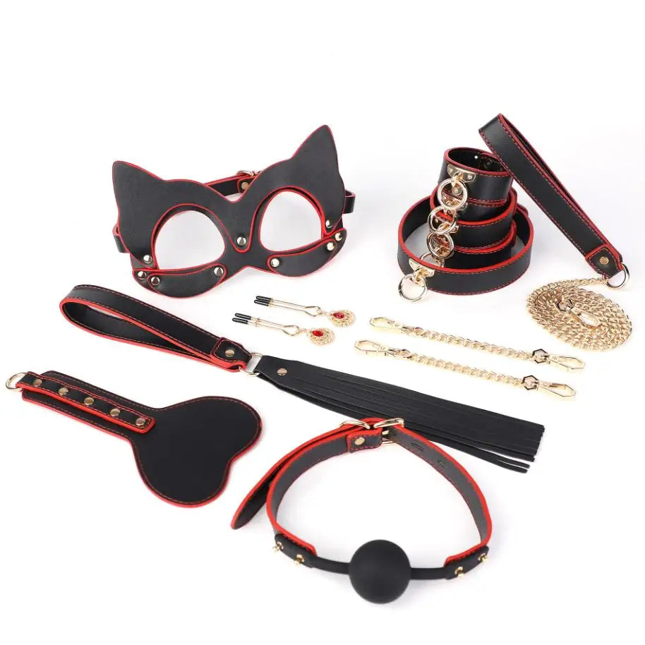 Erotic Bed Bondage Kits Slave Restraint Bondage Set Genuine Leather Collar Gag Whips Handcuffs Adult Sex Toys For Women Couples