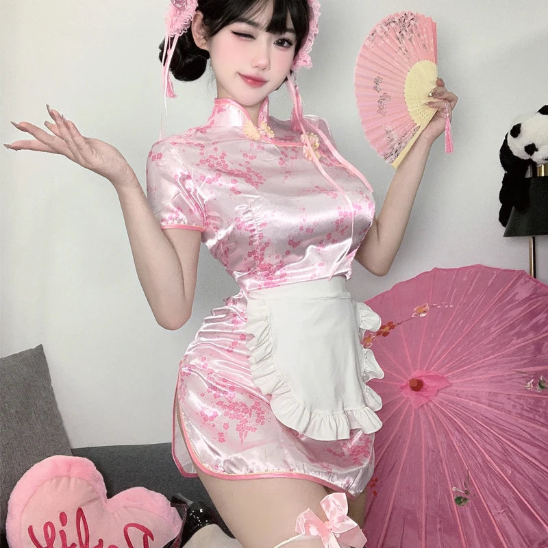 Sexy Mini High Split Cheongsam Women Vintage Button Short Sleeve Qipao Traditional Chinese Silm Dresses Cosplay Costume