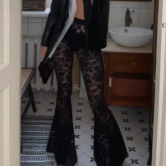 Goth Dark Lace Perspective Flare Pants Mall Goth High Waist Full Length Pant Casual Streetwear Hot Sexy Sheer Trousers 2025 New