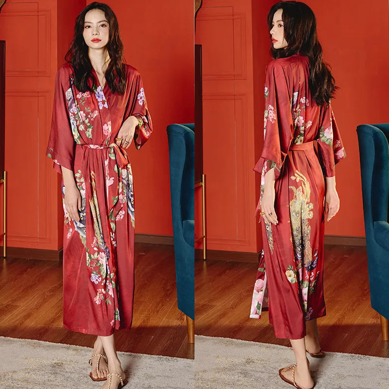 Oversize Long Robe Spring Summer Women Sleepwear Kimono Bathrobe Gown Sexy Satin Nightwear Nightgown Loose Home Dressing Gown