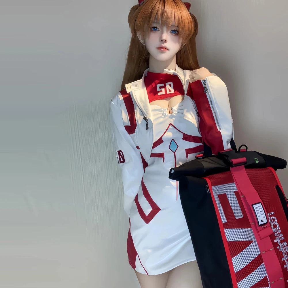 Ayanami Rei White Leather Motorcycle Uniform Asuka Langley Soryu Cosplay Costume Women  Anime Cosplay Leather Coat and Dress