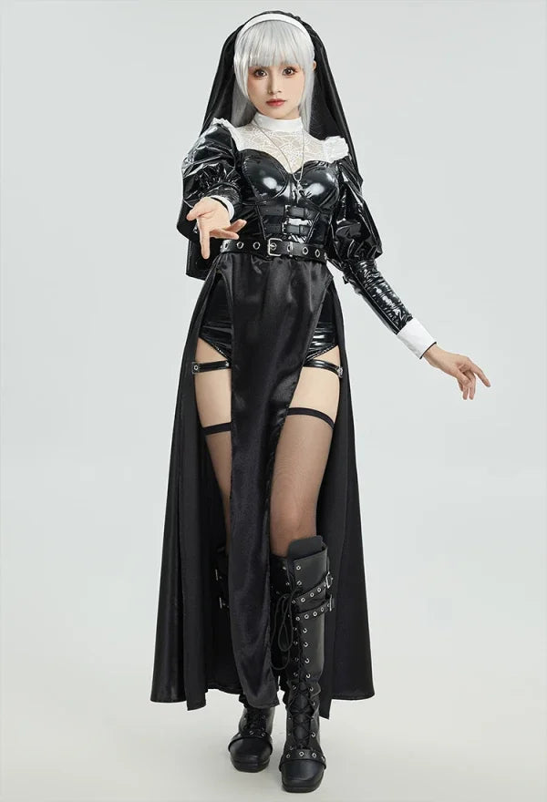 Meowcos Halloween Nun Cosplay Costume Gothic Dark Style Costume Black and White Sexy Lingerie Set