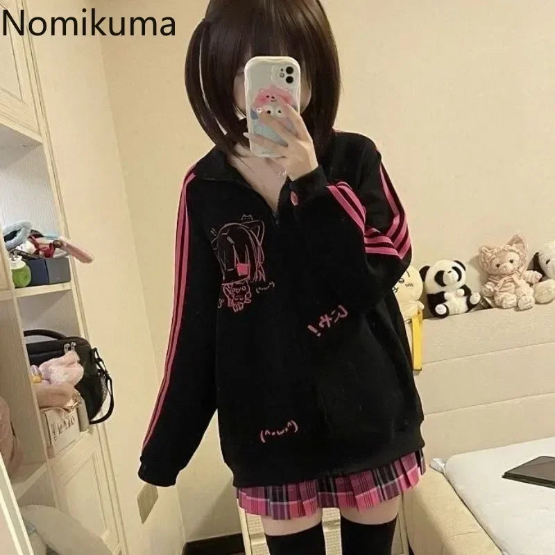 2025 Ropa Mujer Stand Neck Sweatshirts Women Clothing Long Sleeve Casual Anime Print Tops Fashion Japanese Oversized Y2k Hoodies