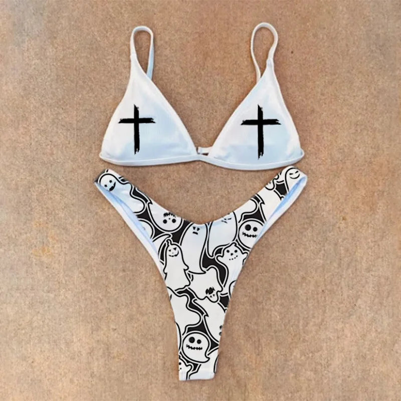 Gothic Bikini 2025 Women Skull Cross Print Bra Thong Swimsuit Split Bathing Suit Underwear Y2K Bikinis Swimwear