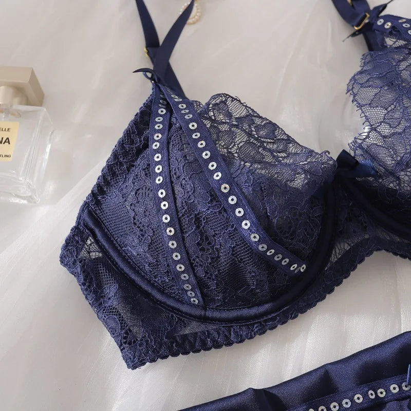 Toucheart Sexy Lingerie Suit for Women Lace Hollow Out See-through Underwear 4-piece Set Solid Color Sexy Garters Underwear Suit