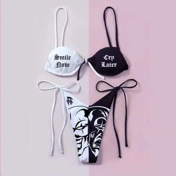 Punk Gothic Letters Print Bikinis Set Sexy Bikini