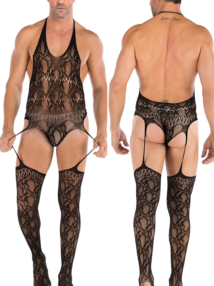 Fishnet Man Body Stockings Fetish Lingerie Sissy Bodysuist Sexy Men's Nightwear Male Fishnet Underwear Guy Erotic Club Wear