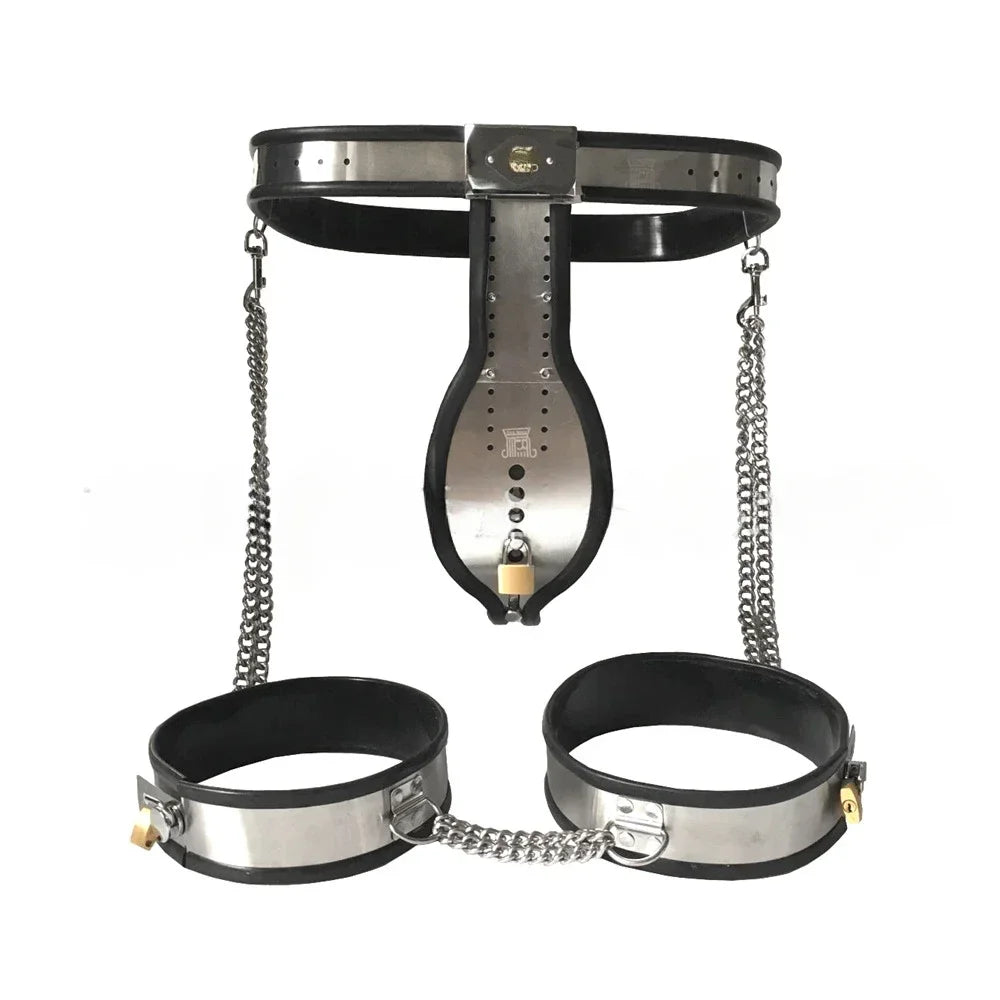 Stainless Steel Male Chastity Belt Cbt BDSM Bondage Set Cock Cage Chastity Lock Pants Thigh Ring Cuffs Adult Sex Toys For Men
