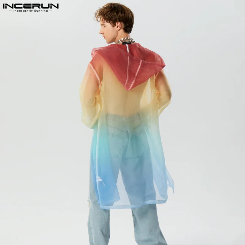 2024 Men Trench Tie Dye Gradient Hooded Long Sleeve Transparent Open Stitch Casual Coats Streetwear Fashion Male Cardigan INCERU
