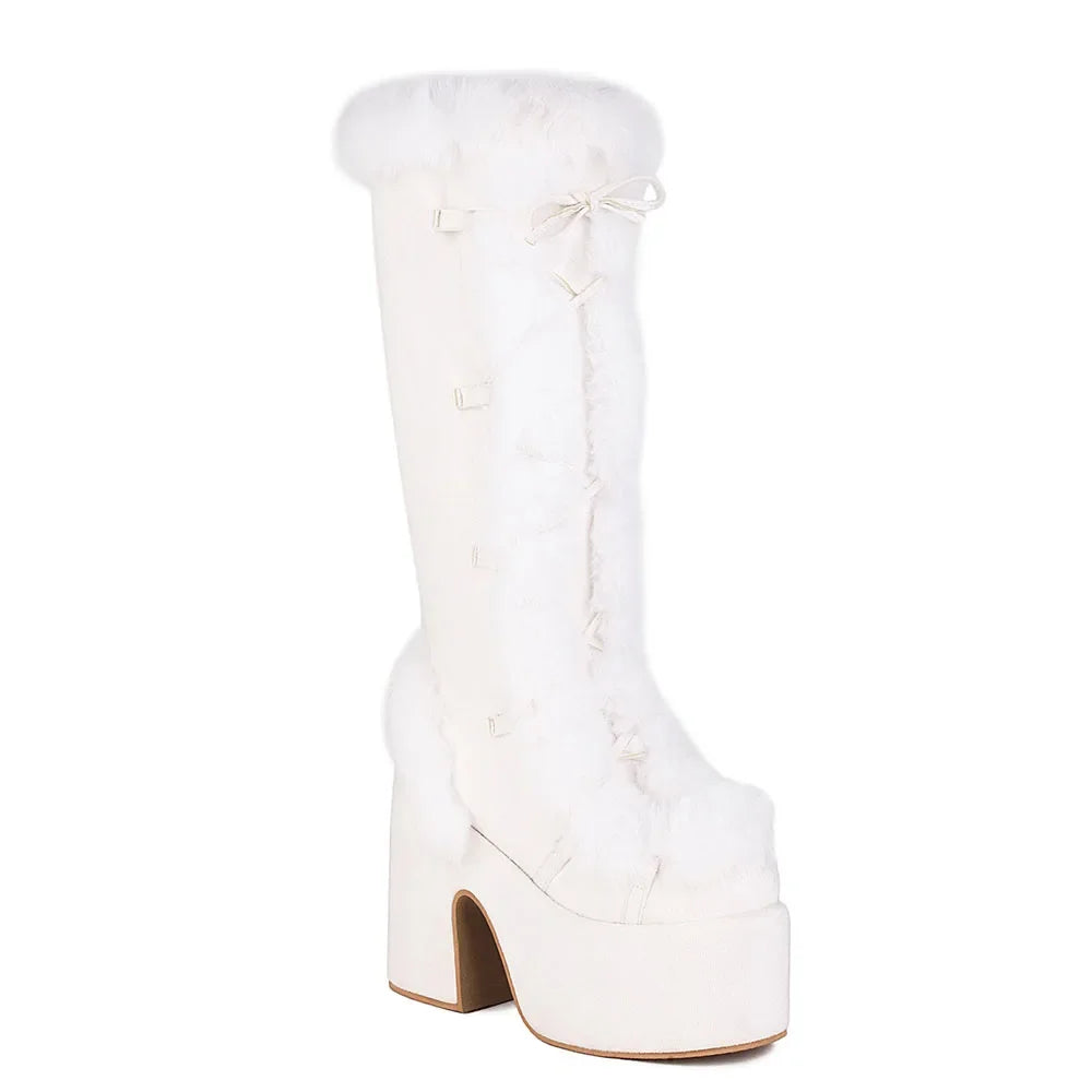 Winter Big Size 43 y2k White Punk Style Women's Faux Fur Chunky Platform Boots Gothic Black Block High Heels Shoes