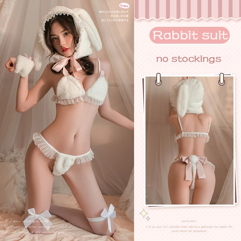 Sexy Lingerie Cute Plush Snow Bunny Girl Cosplay Warm Underwear Uniform Women Rabbit Ear Hat Pajamas Outfits Costumes