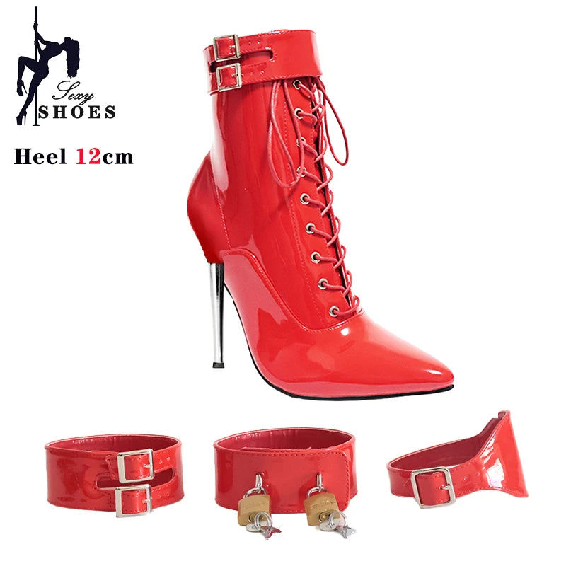 New High Heel 12cm Stilleto Sexy Ankle Boots Pointed Toe Two Lockable Padlocks Women Shoes T Show Thin High Heels Plus Size