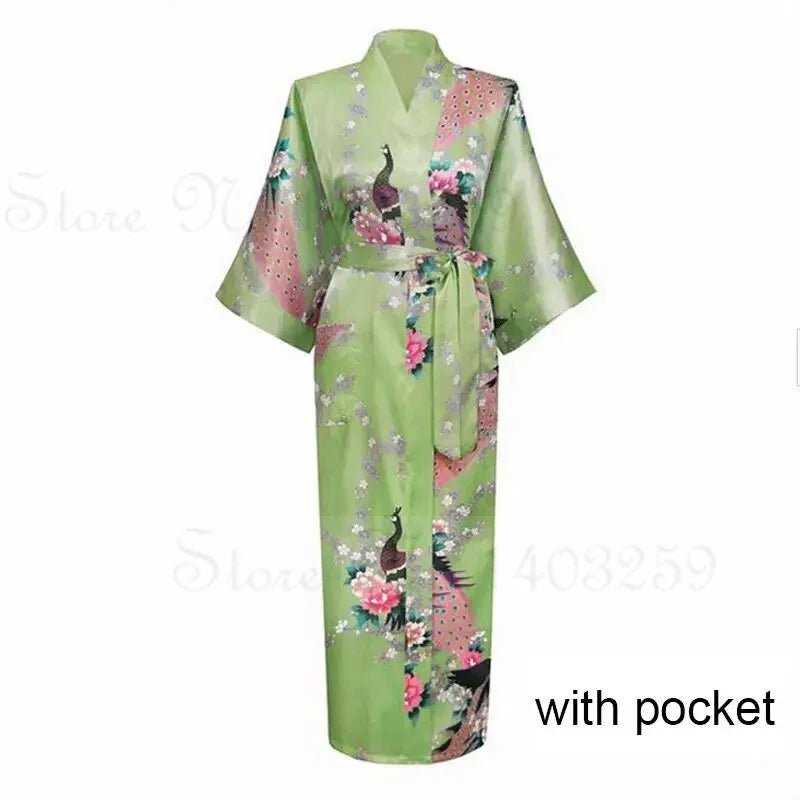 Women Long Robe Kimono Bathrobe Gown with Pockets Sexy Wedding Bride Bridesmaid Dressing Gown Oversize Satin Homewear Loungewear
