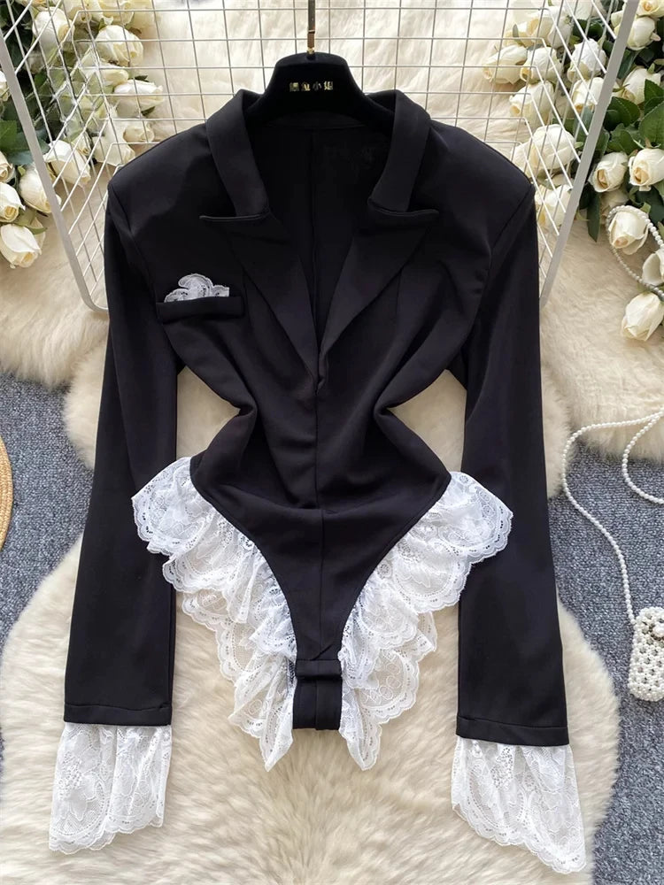 Toucheart Sexy Lingerie Onesie for Women Deep V-neck Lace Patchwork Long-sleeved Jumpsuit Sexy Contrast Color Underwear Suit New