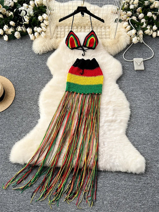 SINGREINY Tassel Knitted Beach Sets Women Mini Camis+Long Sheath Skirt Set Fashion Ladies Hollow Out Vacation Styles Sexy Suits