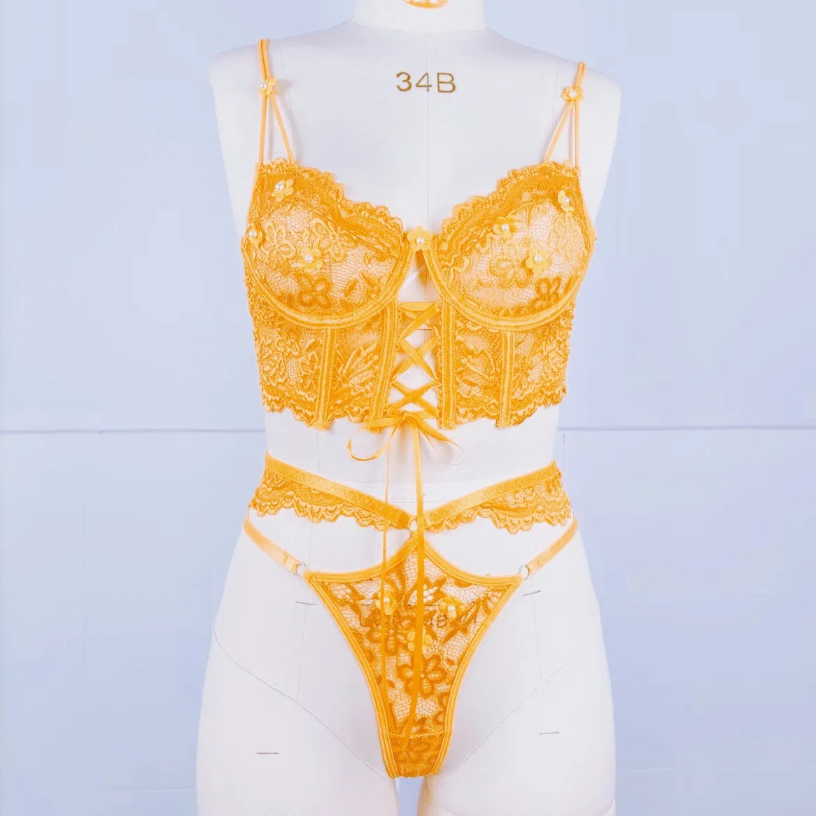 Toucheart Sexy Lingerie Strap Underwire Lace Bra For Women Sexy Beaded 3D Flower Hollow Out See-through Lace Up Underwear Set