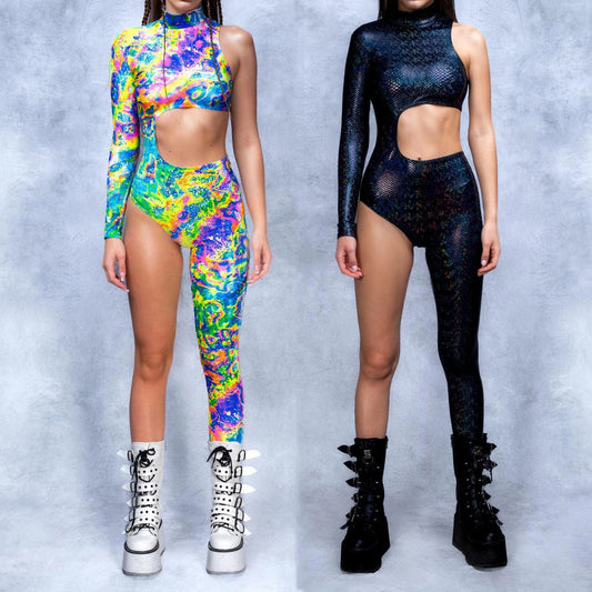 Asymmetrical Holiday Bodysuit Costume Colorful Rainbow Jumpsuit Women Cyberpunk Cosplay Halloween Party Performance Tights Suit