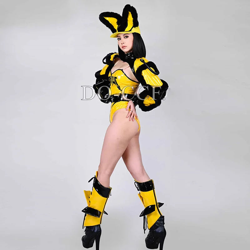 Gogo Dance Clothes Showgirl Stage Costume Black Yellow Bodysuit Drag Queen Outfit Nightclub Party Rave Clothing Jazz Dance 3097