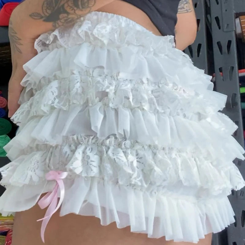 White Tierred Lace Frilly Bloomers Shorts Fairy Coquette Ruffles Multi-layers Pants Aesthetic 00s 90s Vintage Pettipants Shorts