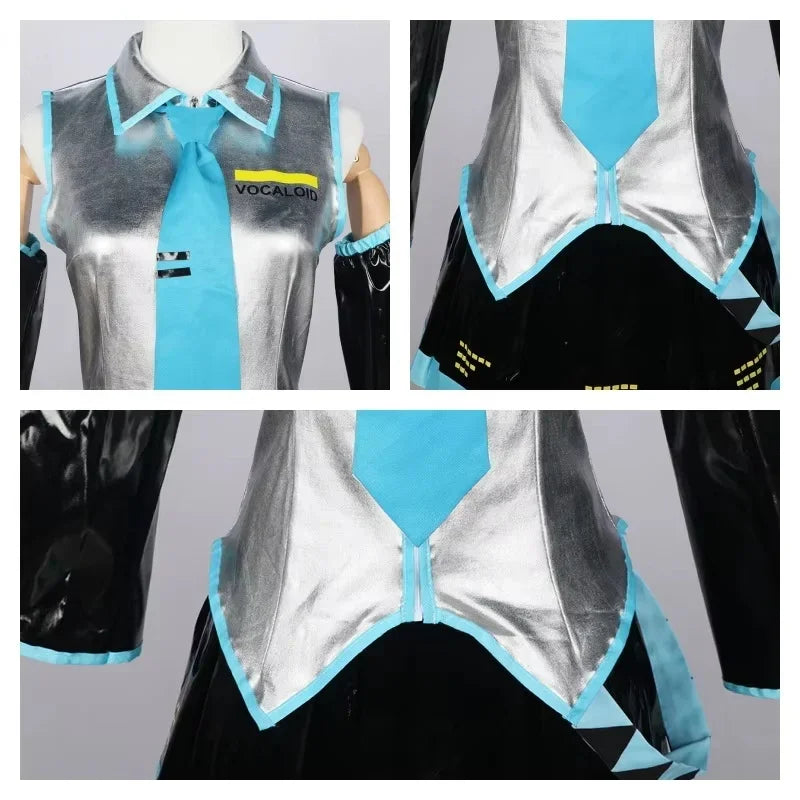 Miku Cosplay Silver Leather Fabric Suit Hatsune Miku Cosplay Headwear Costume JK Sailor Dress High School Halloween Uniform Wig