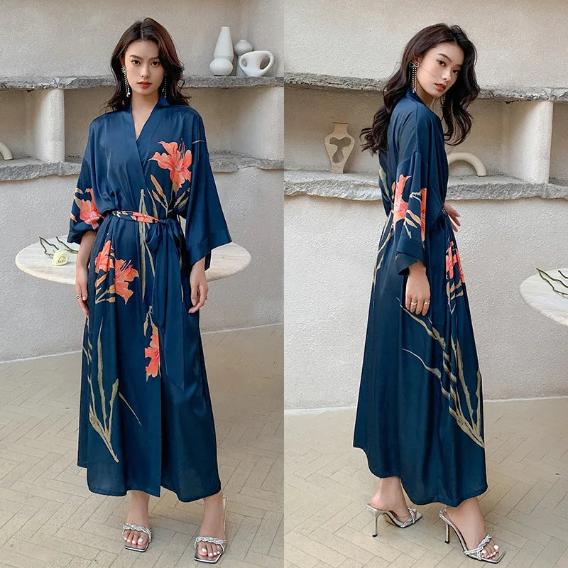 Satin Pajamas Womens Robe for Summer Plus Size Luxury Design Fashion Printing Silk Cool Long Style Bathrobe Womens Long Robes