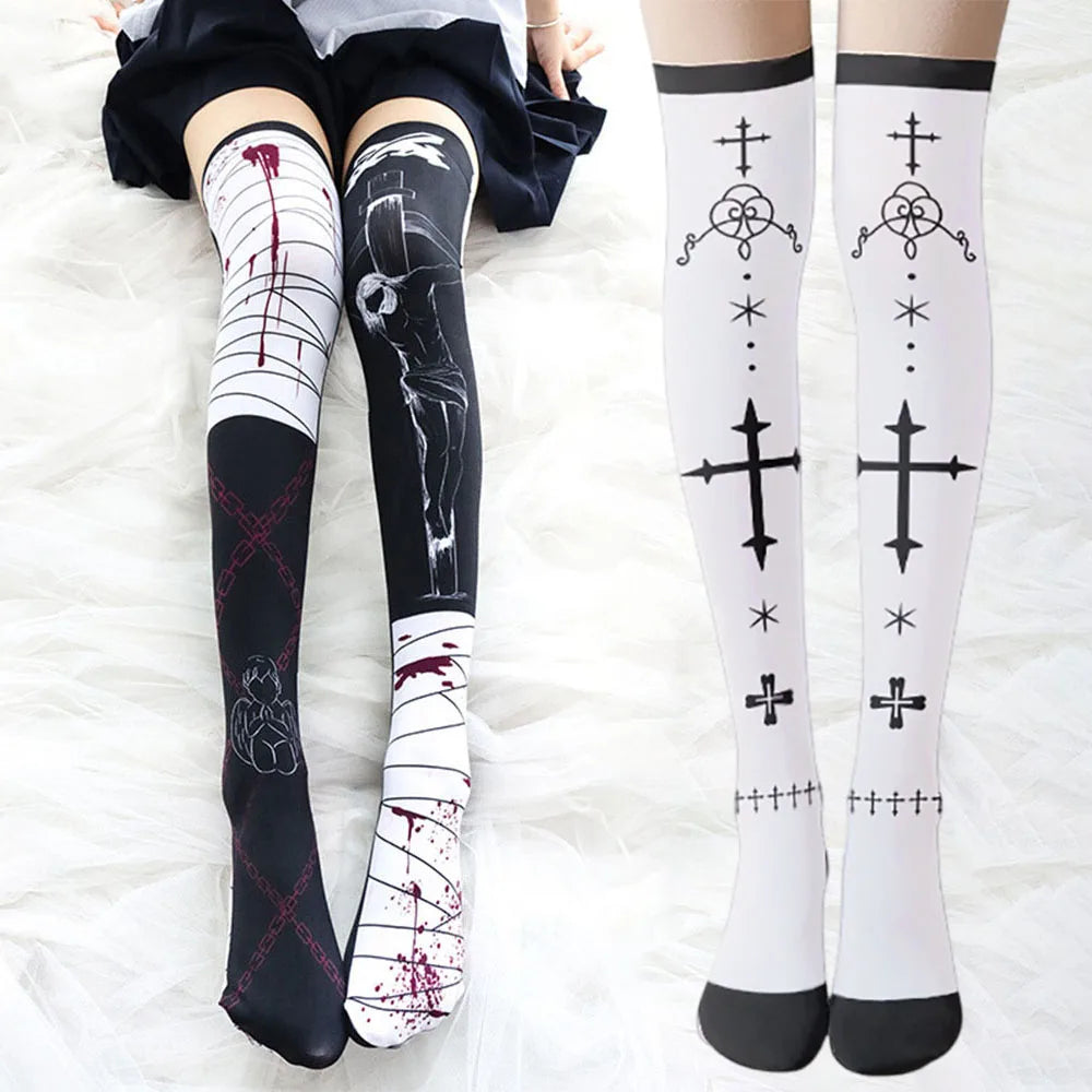 Gothic Cross Printed Lolita Socks For Women Girl Punk Velvet Over Knee Sock Cosplay Anime Thigh High Halloween Stockings