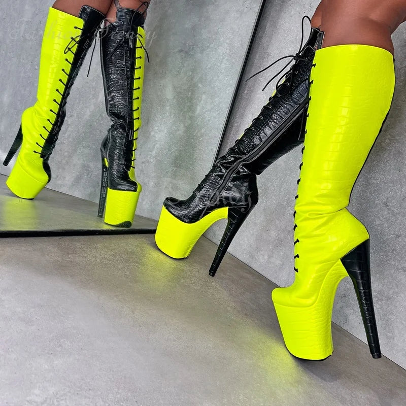 Neon Yellow Black Stiletto Knee Boots High Platform Woman Round Pole Dance Man Plaid Leather Hot Chick Booties Nightclub Shoes