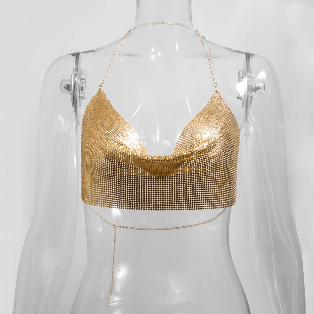 Sexy Metal Metallic Crop Top Women Beach Halter Corset Tops Glitter Backless Party Club Tank Top Clothes Top Camisole Croppe