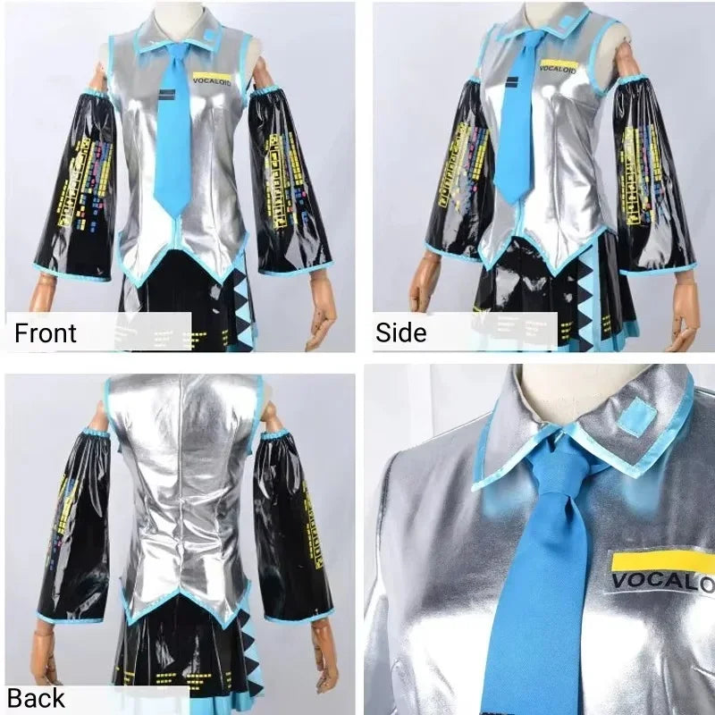 Miku Cosplay Silver Leather Fabric Suit Hatsune Miku Cosplay Headwear Costume JK Sailor Dress High School Halloween Uniform Wig