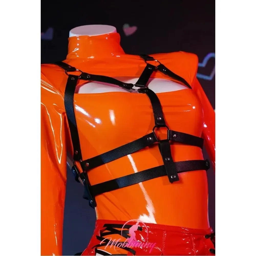 Women Velma Cosplay Costume Women Lingerie Orange Chest Open Bodysuit and Lace-up Mini Skirt with Socks
