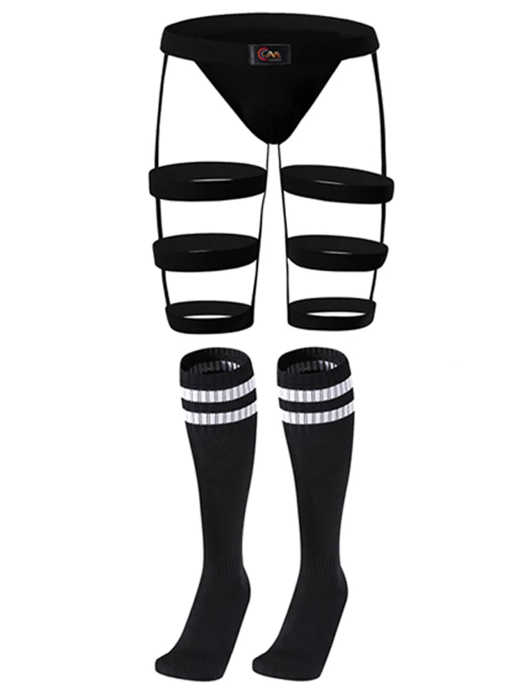 CLEVER-MENMOD Men Sexy Porn Halterneck Chest Briefs Stockings Set Jockstrap BDSM Harness Lingerie Exotic Sissy 18+ Adult Costume