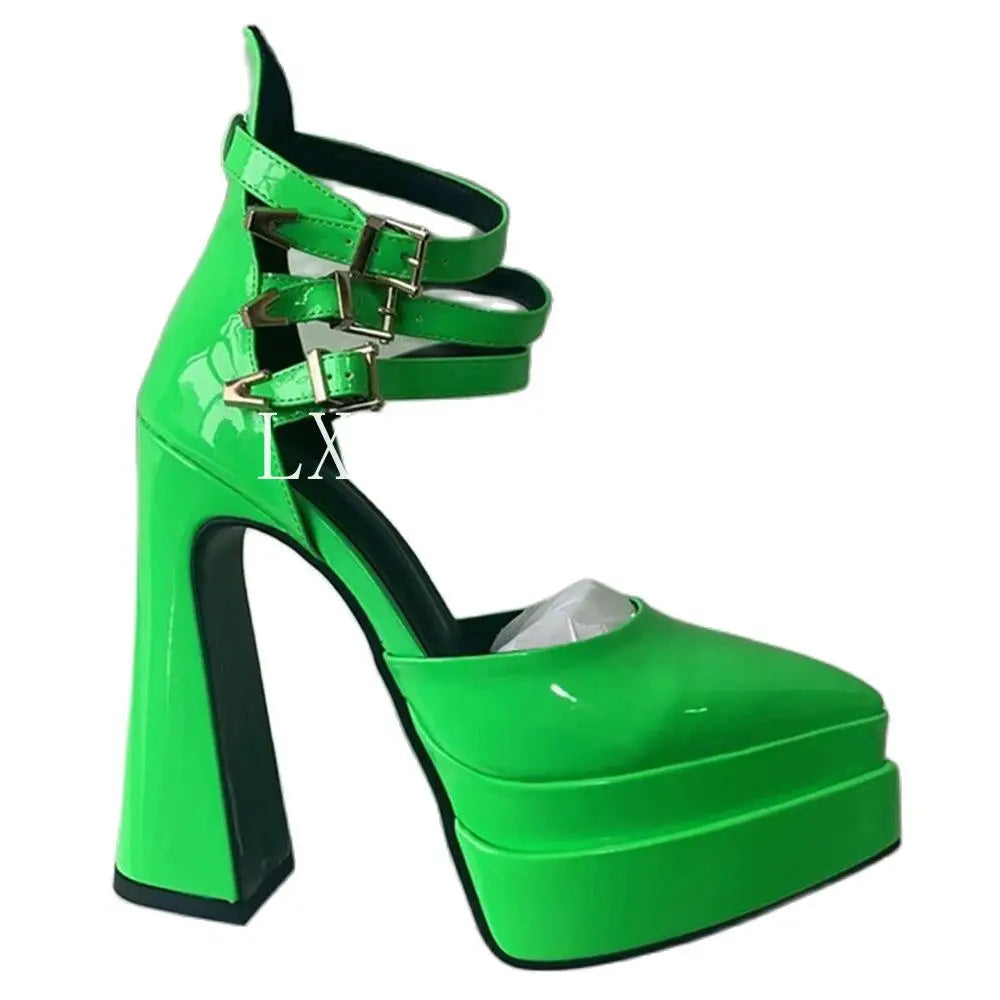 Pointed Toe Patent Leather Roman THICK HEELS Women's Platform Summer Thick High HeelS