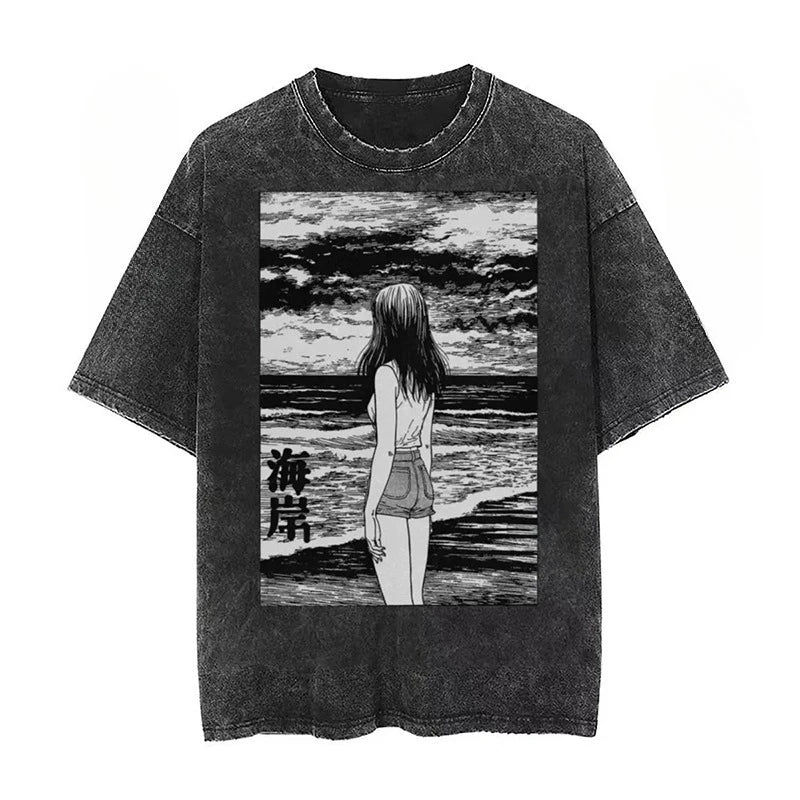 Anime Tomie Kawakami Junji Ito High-Street Washed Distressed Casual Sporty Light Luxury Men's Tees, Women's Short Tees & Couple