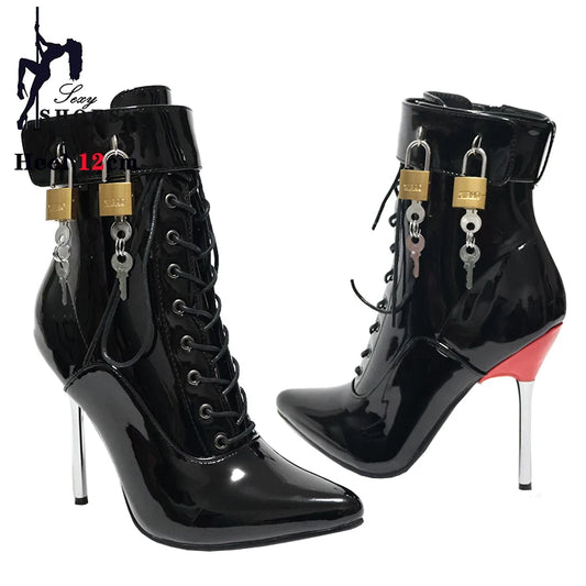 New High Heel 12cm Stilleto Sexy Ankle Boots Pointed Toe Two Lockable Padlocks Women Shoes T Show Thin High Heels Plus Size