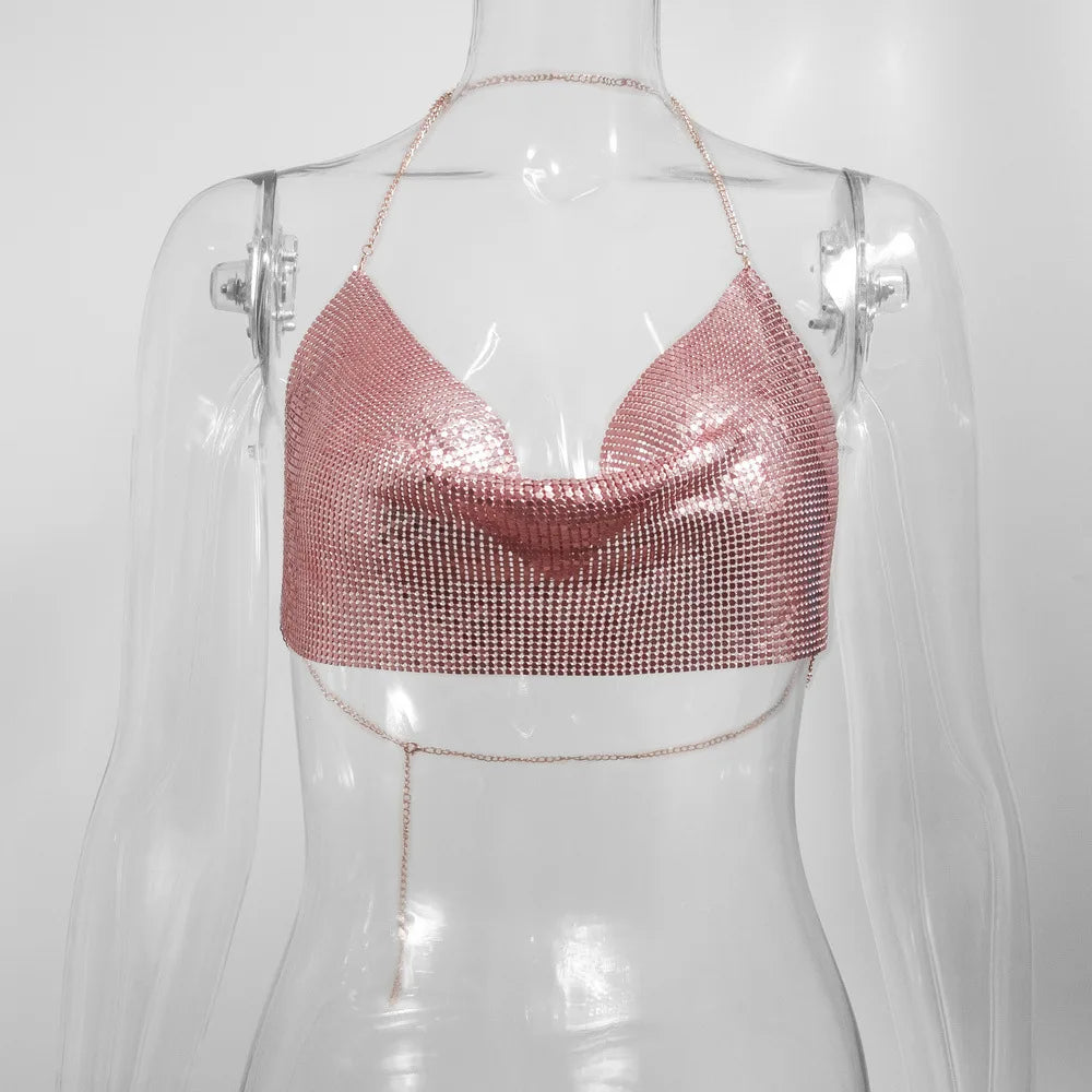 Sexy Metal Metallic Crop Top Women Beach Halter Corset Tops Glitter Backless Party Club Tank Top Clothes Top Camisole Croppe