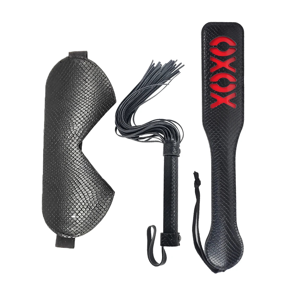 3pcs Bondage Kits Snake Leather Restraint BDSM Sets XOXO Paddle Spanking Whip and Blindfold Bondage Sex Toy for Couples