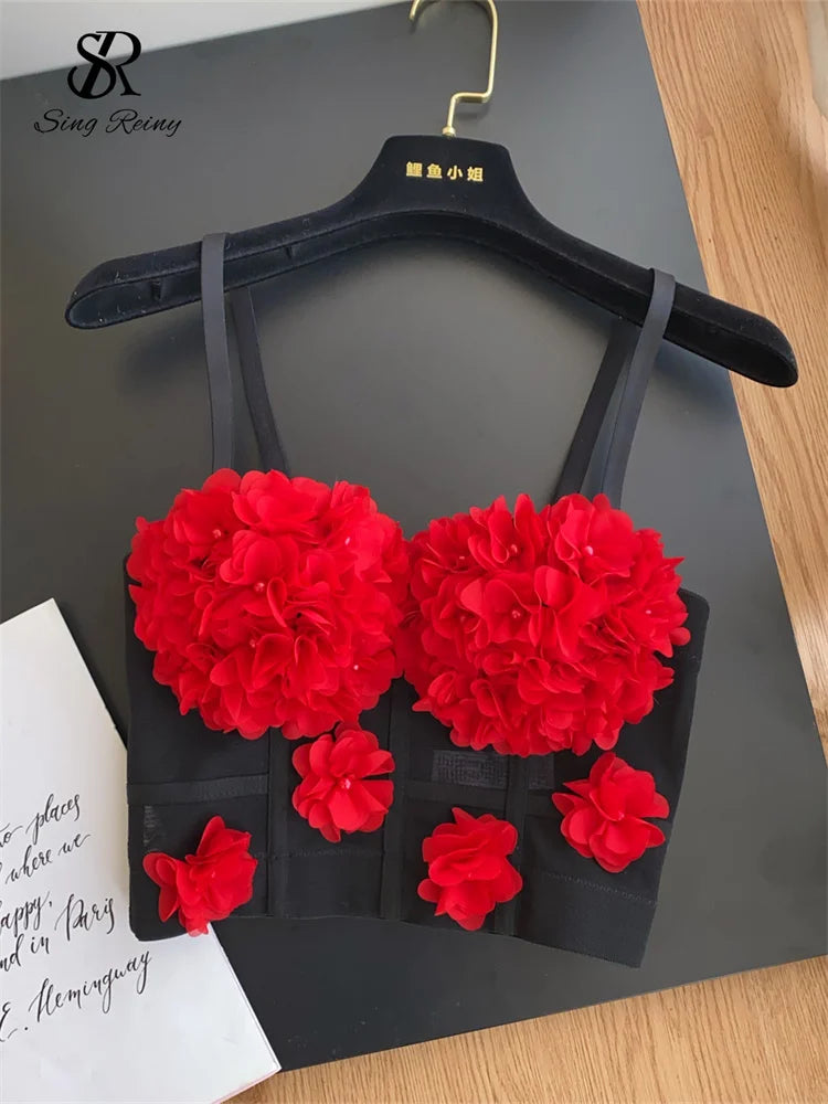 SINGREINY Lace Gauze 3D Flowers Sexy Camisole Women Deading Design Slim Top Fashion Streetwear Ladies Short French Sweet Camis