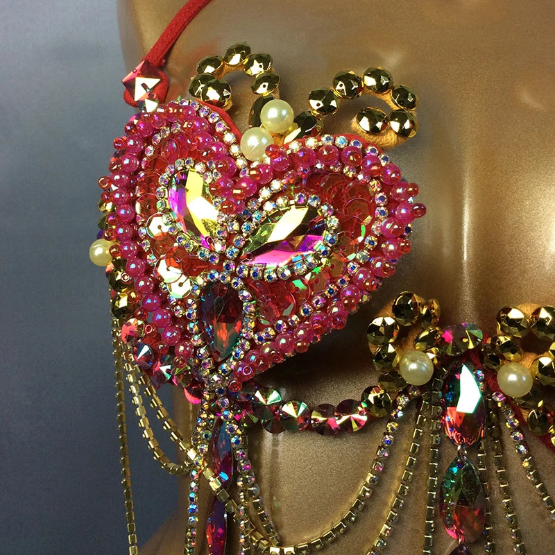 Samba Carnival Bra Rainbow Pink & RED Stone Belly dancing WIRE BRA message to order direct from Ashburn.
