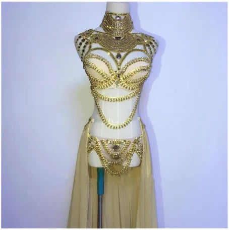 Taylor Swift Show Girl Replica Costume Women's White Gold Rhinestones Bikini Long Trailing Skirt Set Singer Host Stage Outfit Model Catwalk Performance Costume