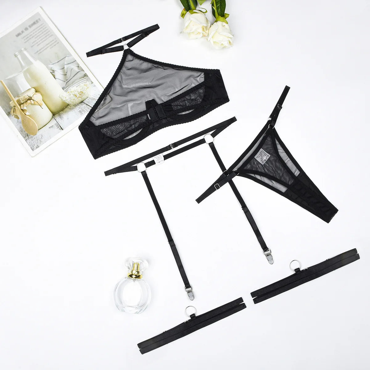 Toucheart 2024 Erotica Underwear Kit Ultra-Thin See-Through Mesh Steel Ring Gathered Sexy Hanging Neck Lingerie Four-Piece Set