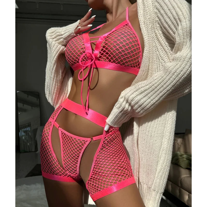 Bikini Fashion Sexy Lingerie Mesh See-through Sexy Soft Women's Three-Piece Suit
