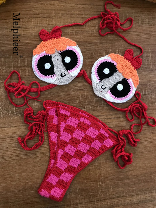 The Powerpuff Girls Creative Handmade Bikini for Women 2 Piece Swimwear Beachwear Stunning Cute Crochet Swimsuit Gifts Bikinis