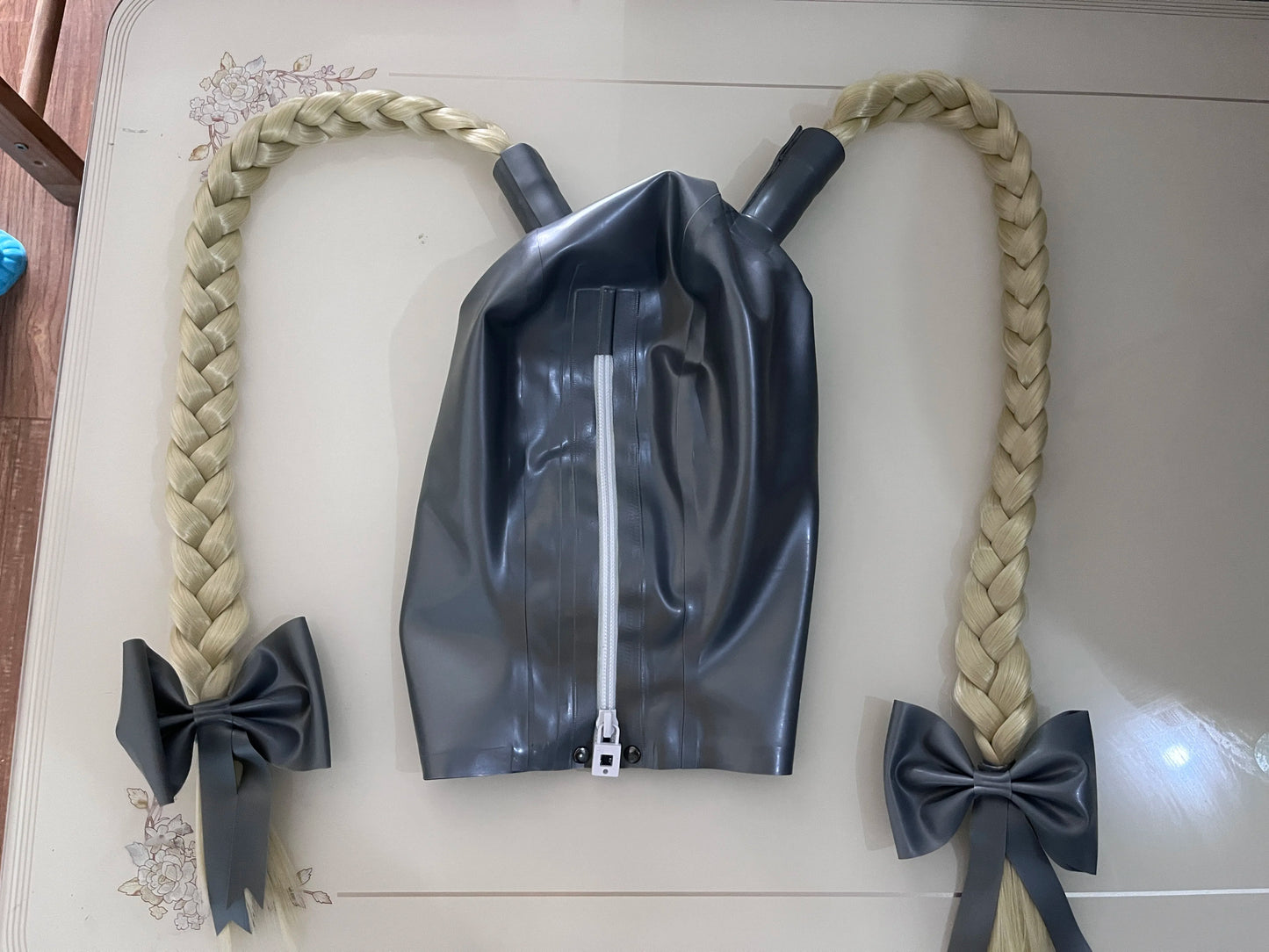 Metallic Blue Latex Fetish Hood Mask with Two Braids Pigtails Ponytail