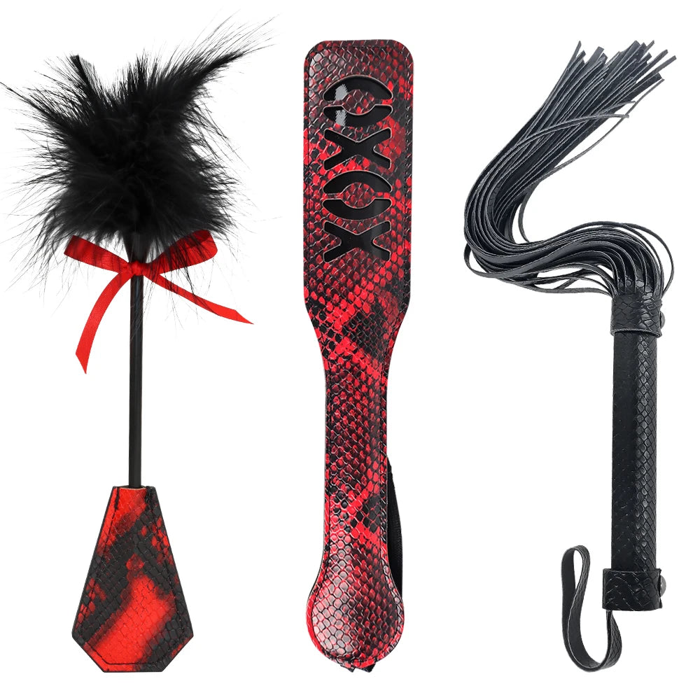 3pcs Bondage Kits Snake Leather Restraint BDSM Sets XOXO Paddle Spanking Whip and Blindfold Bondage Sex Toy for Couples
