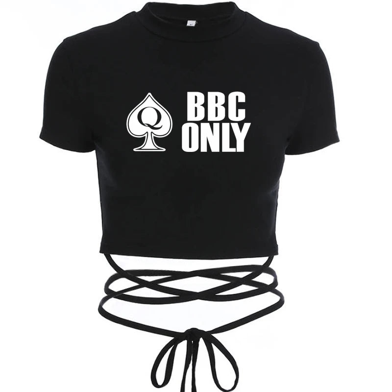 Queen of Spade BBC ONLY Summer Women Black Short T-Shirts Ladies Sexy Crop Tops Short Sleeve Bandage Tee Tops Female Shirts