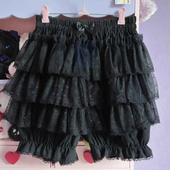 Mikumn Harajuku Kawaii Blue Ruffles Pumpkin Pants Women Cute Lace Bow Lolita Safety Short Pants Vintage Victorian Bloomers
